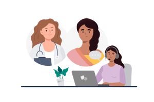 a graphic of a clinician and patient working with an interpreter